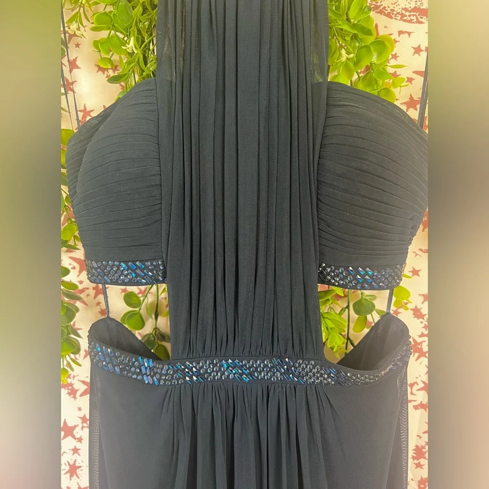 La Femme Navy Blue Maxi Dress with Subtle Sparkle Trim - Picture 3 of 8